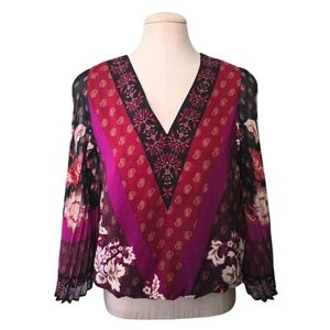 WHBM White House Black Market Pleated Sleeve V-neck Blouse Boho Patchwork Small